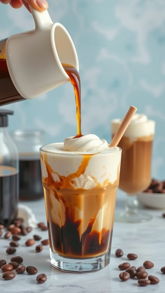 A glass of coffee ice cream float with whipped cream and coffee beans scattered around.