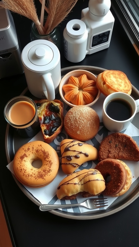 A tray filled with various coffee snacks including donuts, pastries, and beverages