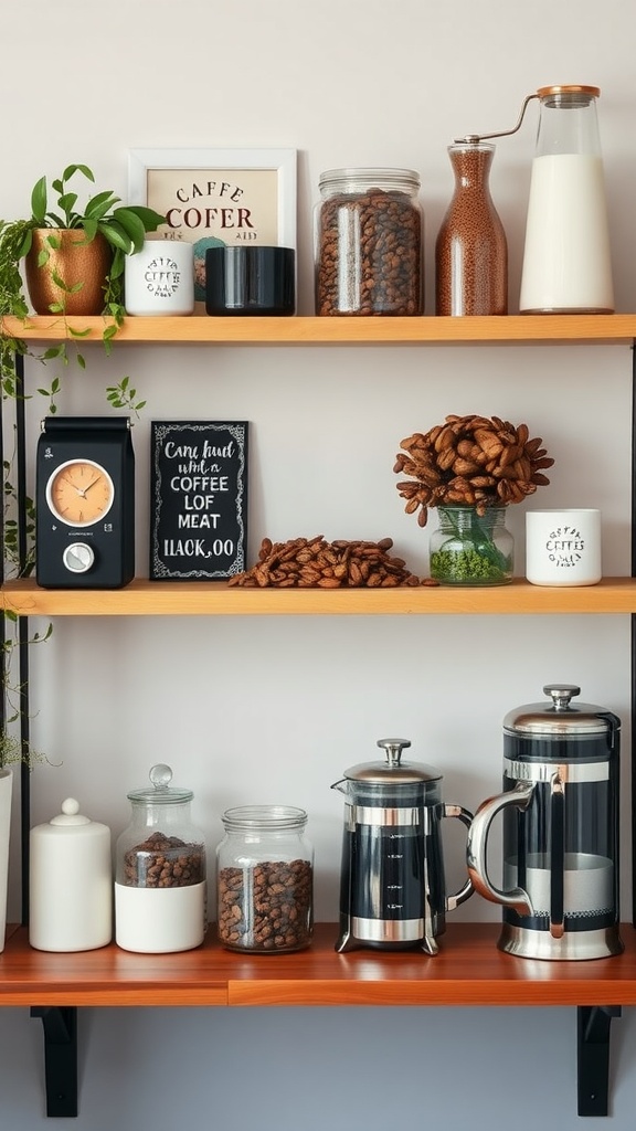 A stylish coffee shelf with jars of coffee beans, a French press, decorative plants, and a clock.