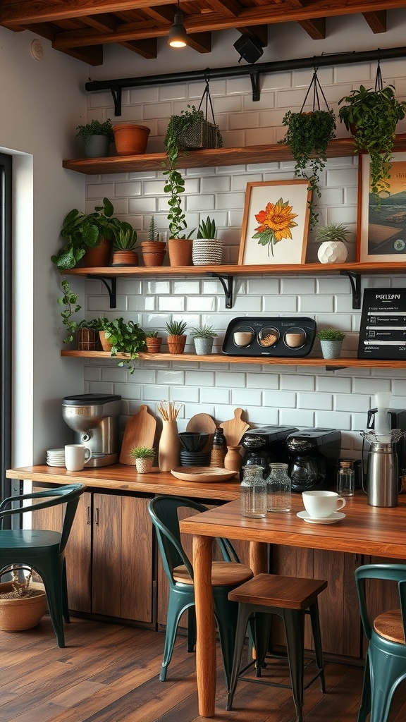 Cozy coffee station in a kitchen with wooden shelves, coffee machine, and potted plants.