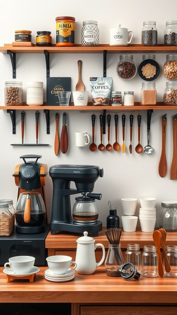 A well-organized coffee station with shelves holding coffee supplies and a coffee maker on the counter.
