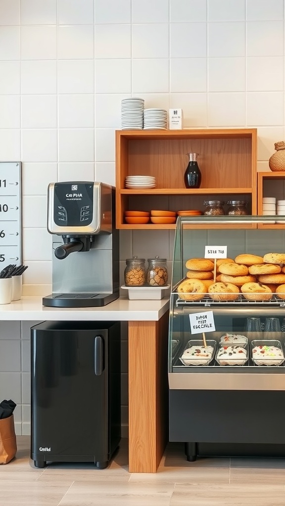 A modern coffee station showing a coffee machine, snacks on shelves, and a mini fridge.