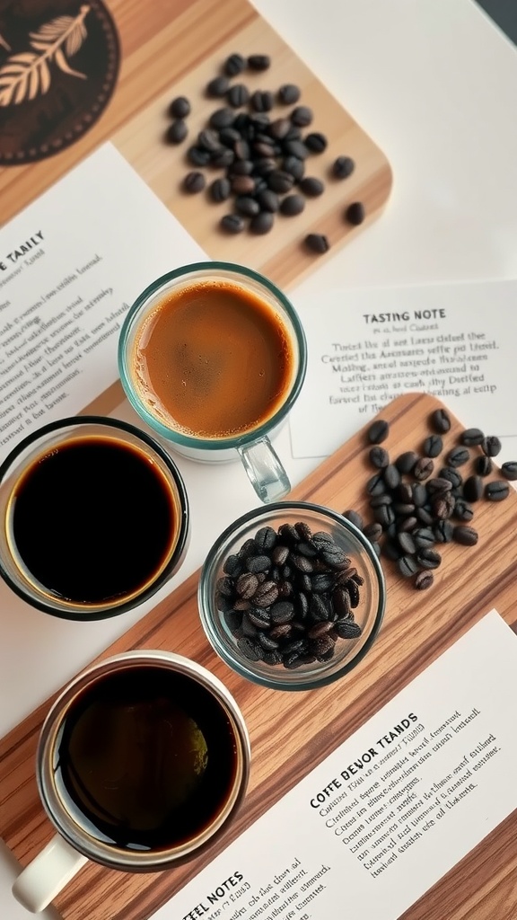 A coffee tasting flight featuring three cups of coffee, a bowl of coffee beans, and tasting notes on a wooden board.