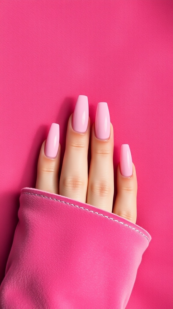 Close-up of coffin shaped baby pink chrome nails resting on a pink background
