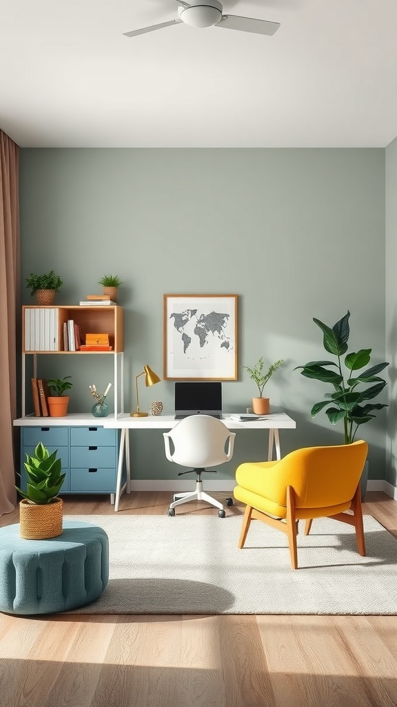 A modern home office with green walls, a white desk, colorful chair, and plants.