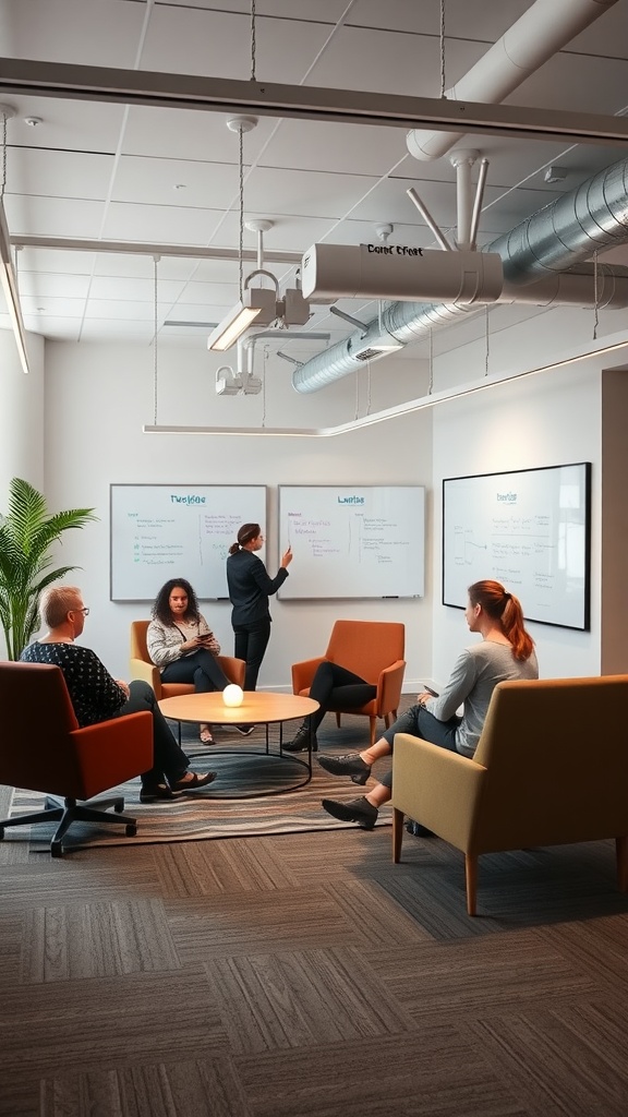 A collaborative office space with comfortable seating and a person writing on a whiteboard.