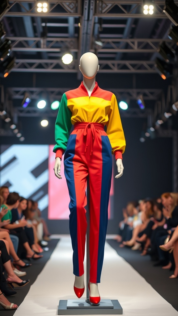 A mannequin wearing a vibrant color-blocked jumpsuit with red, yellow, and green sections, showcased on a runway.
