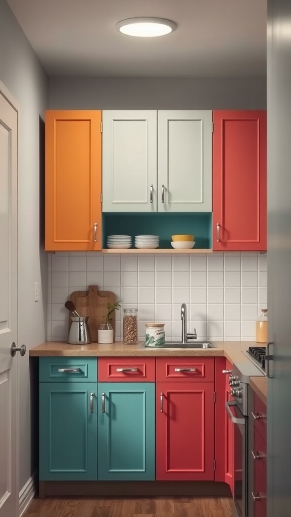 Colorful kitchen cabinets in orange, teal, and red showcasing a fun organization style.