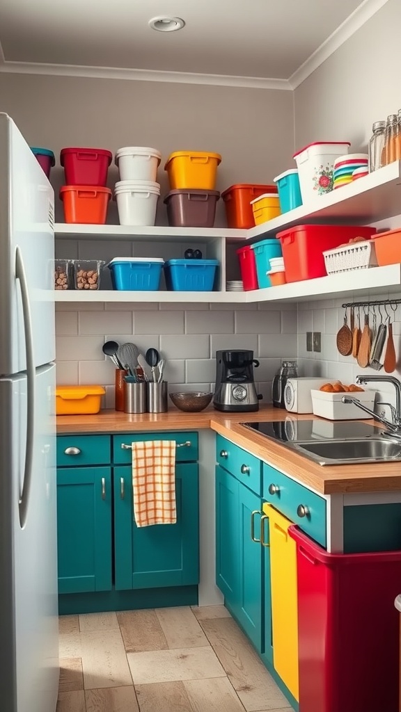 Color-coded storage containers in a small kitchen for easy organization.