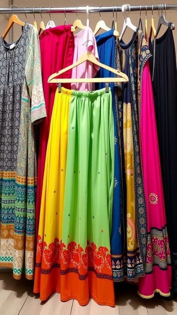 Colorful maxi skirts hanging on display in a store