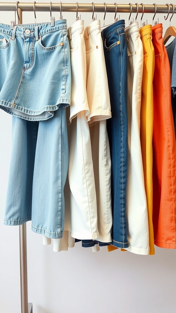 A variety of denim skirts in different colors and washes hanging on a rack.