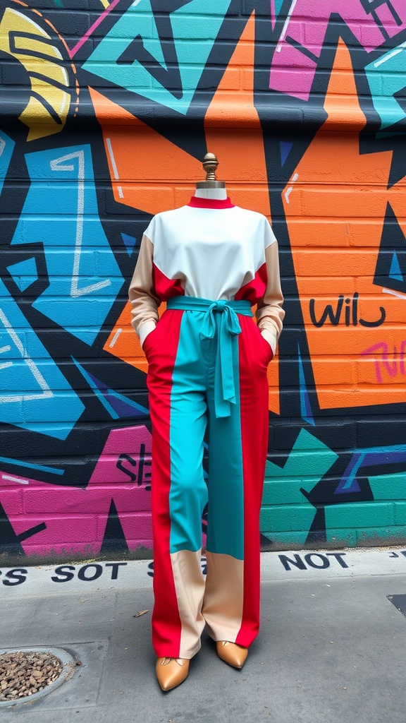 A colorful jumpsuit featuring block colors of red, teal, and beige displayed on a mannequin against a vibrant graffiti wall.