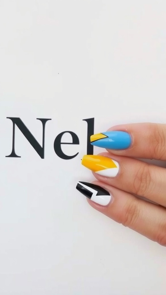 Color blocked nails in blue, yellow, white, and black with sharp angles.