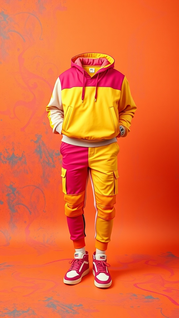 A person wearing a bold color-blocked outfit featuring a pink and yellow hoodie with matching joggers and sneakers.