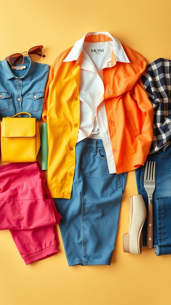 A colorful casual dinner outfit featuring an orange jacket, blue pants, pink shorts, and various accessories.