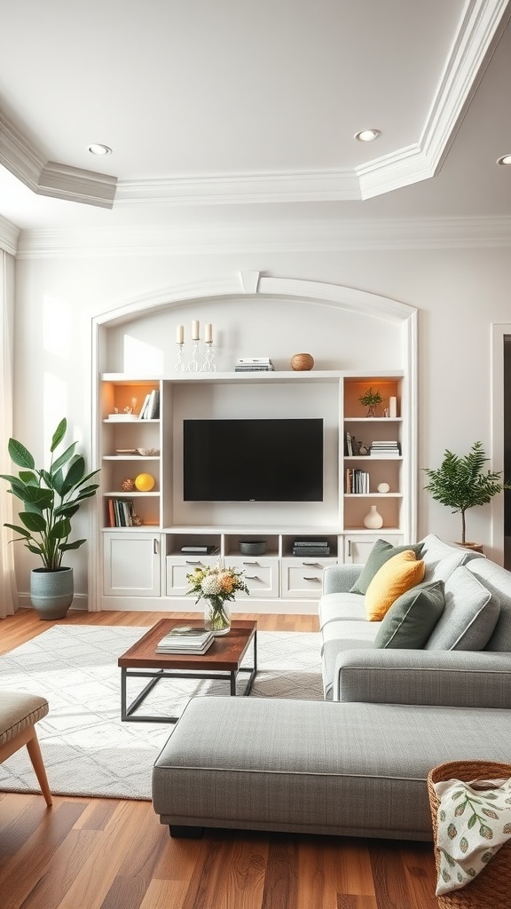 A cozy living room featuring built-in shelves with carefully coordinated colors and decor.