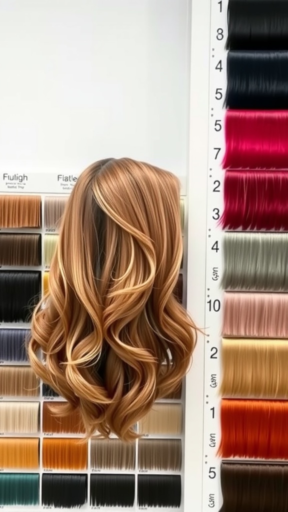 A display of various hair colors next to a soft mullet hairstyle.