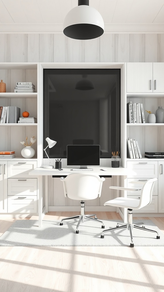 Modern home office with white furniture and natural wood accents.