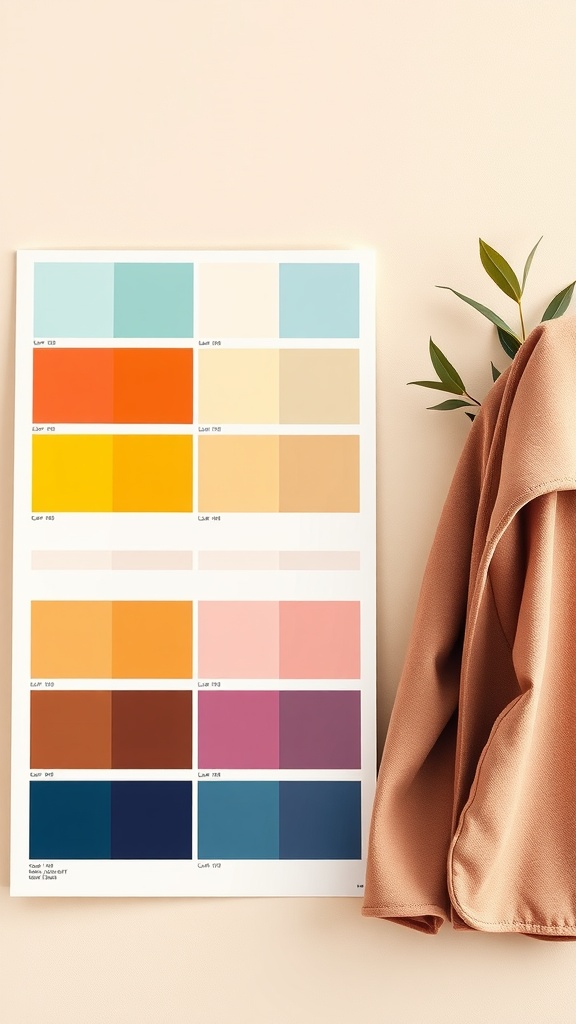 A color palette showcasing a variety of summer colors next to a light brown fabric.