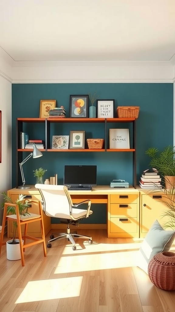 A modern home office with teal walls, an orange shelving unit, a wooden desk, and a comfortable chair.