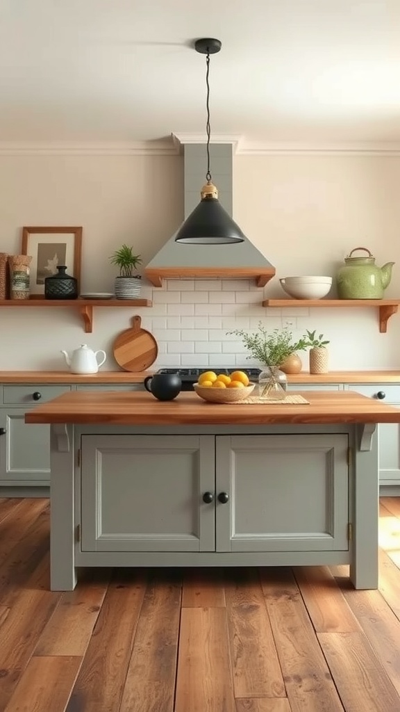 A rustic farmhouse kitchen island with gray cabinetry, wooden countertop, and decorative elements.