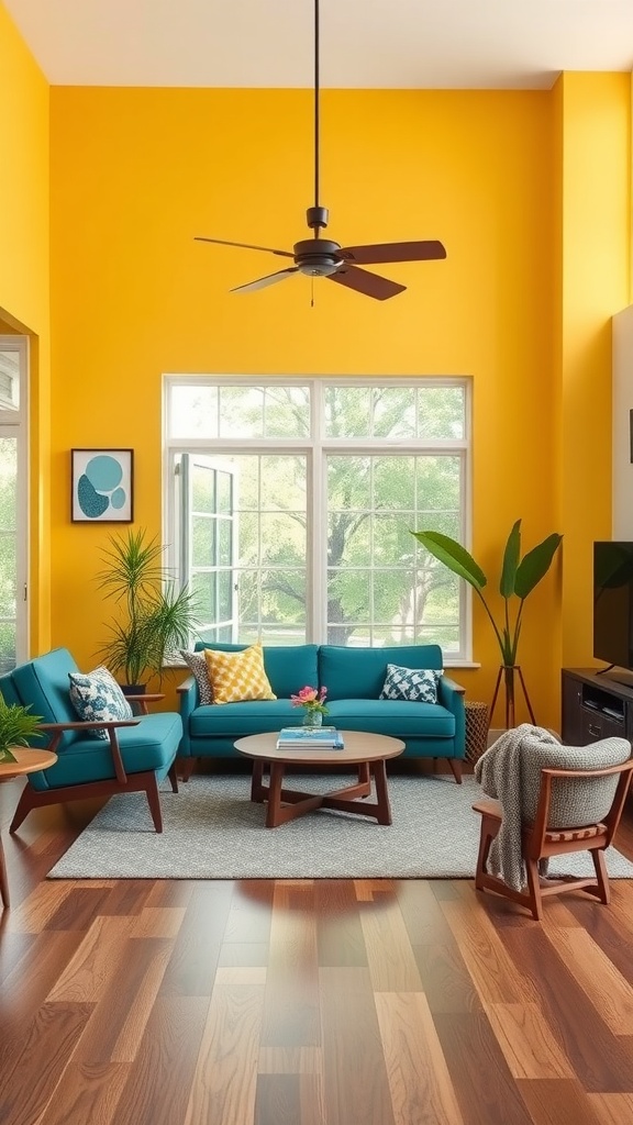 A Mid-Century Modern living room featuring bright yellow walls, turquoise sofas, and natural wood flooring.