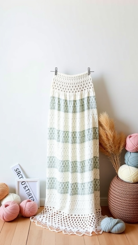 Crochet maxi skirt displayed with pastel yarns beside it.