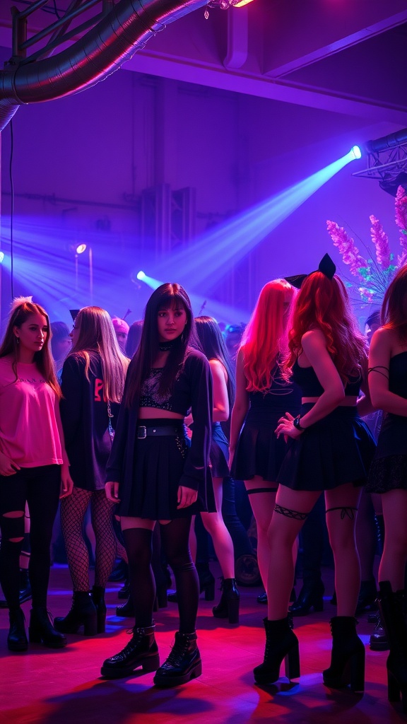 A vibrant goth rave scene with attendees in dark outfits mixed with bright shades.