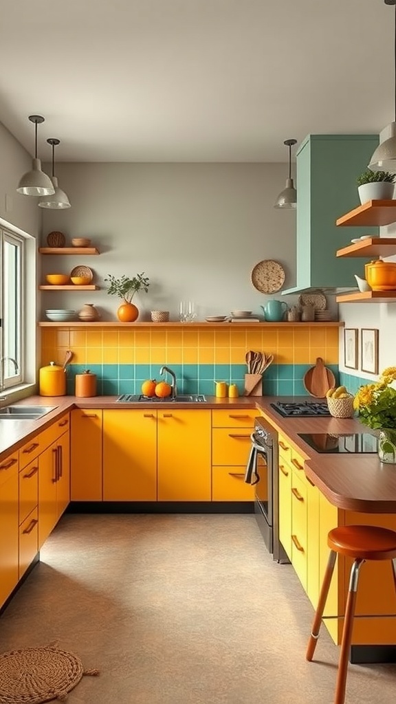 Mid-century modern kitchen featuring yellow cabinets and teal backsplash