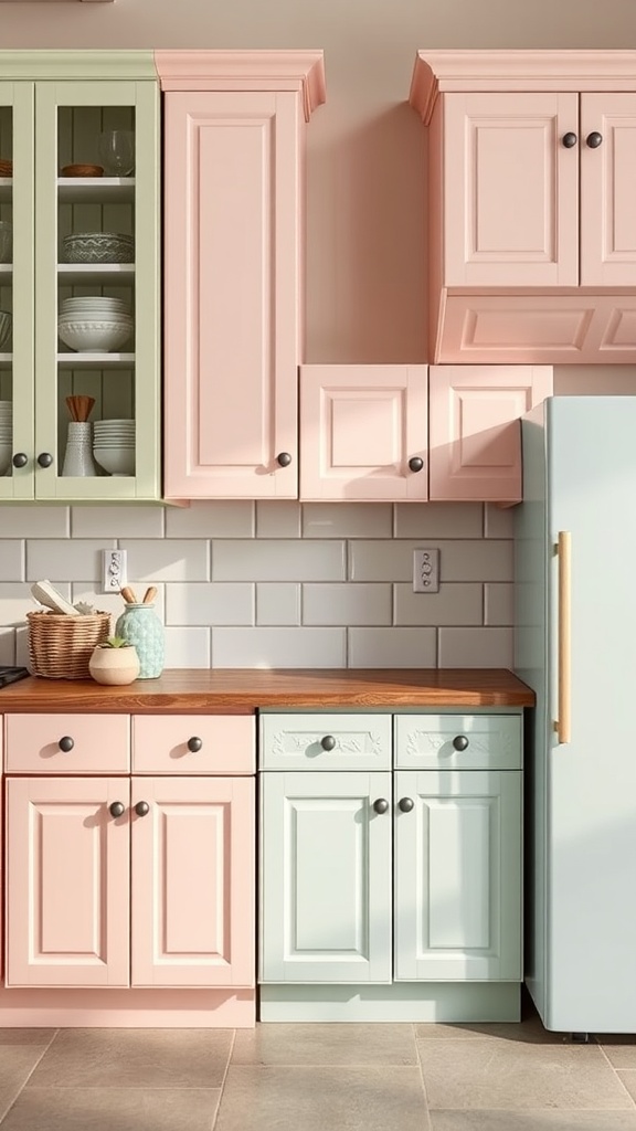 A farmhouse kitchen with pastel-colored cabinets in pink, mint, and cream, complemented by a wooden countertop.
