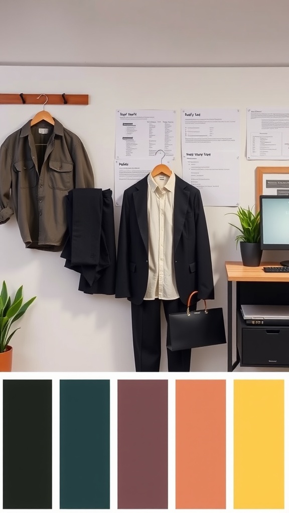 A display of business casual outfits featuring a mix of clothing items and a color palette of dark green, navy, burgundy, soft orange, and warm yellow.