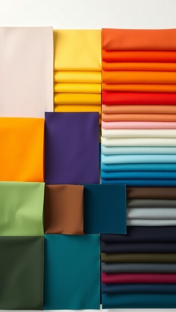 A collection of fabric swatches in various colors, showcasing a vibrant palette suitable for business casual outfits.