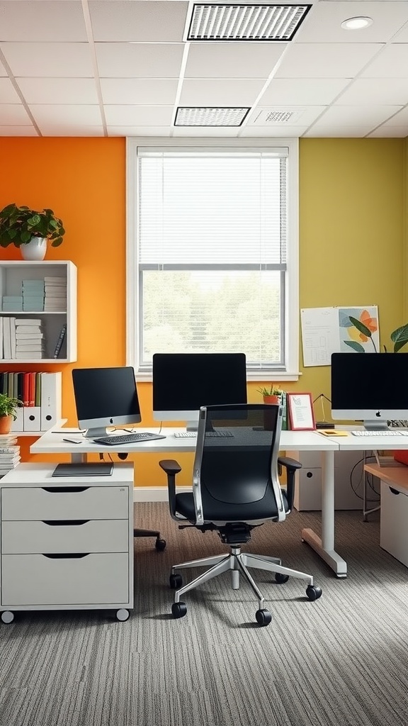 A modern office space featuring orange and green walls, a clean desk with computers, and a window with natural light.