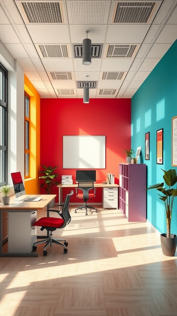 Brightly colored office space with red, orange, and teal walls, featuring plants and modern furniture.