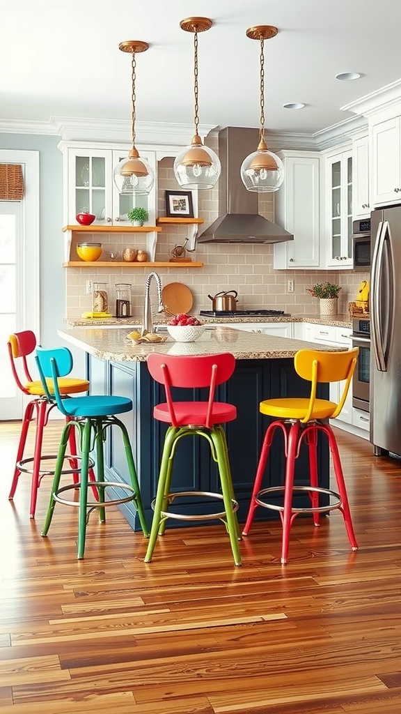 Colorful bar stools at a kitchen island with a modern design.