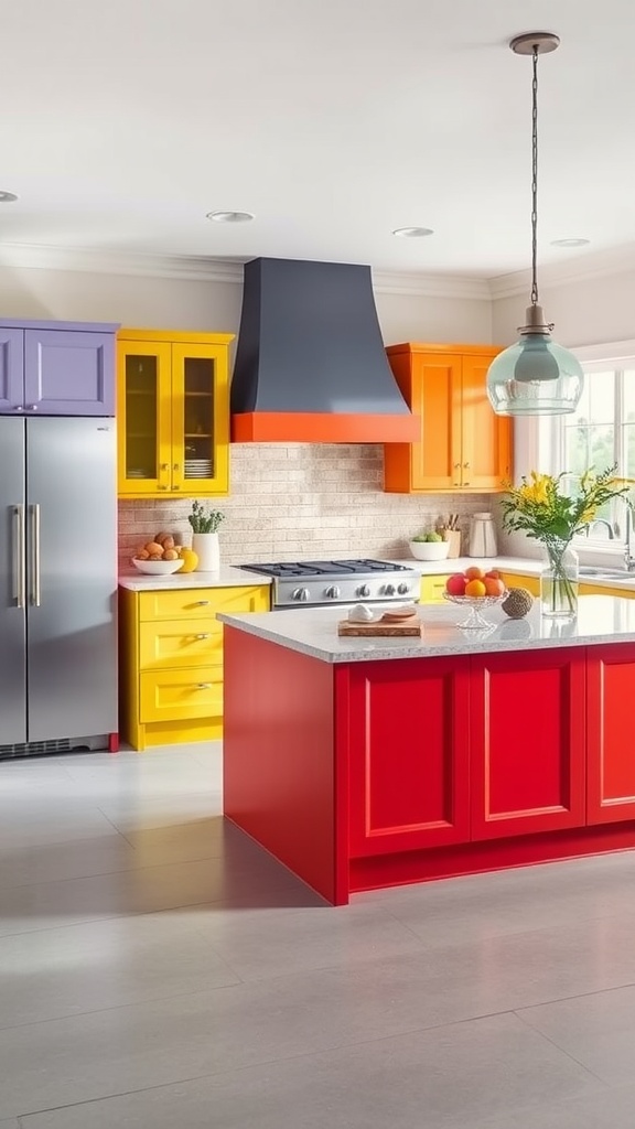 A colorful double island kitchen featuring bright yellow, purple, orange, and red cabinets with gray appliances.