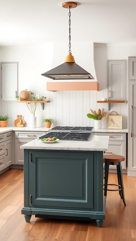 Stylish kitchen island with stove featuring teal cabinetry and light marble countertop.