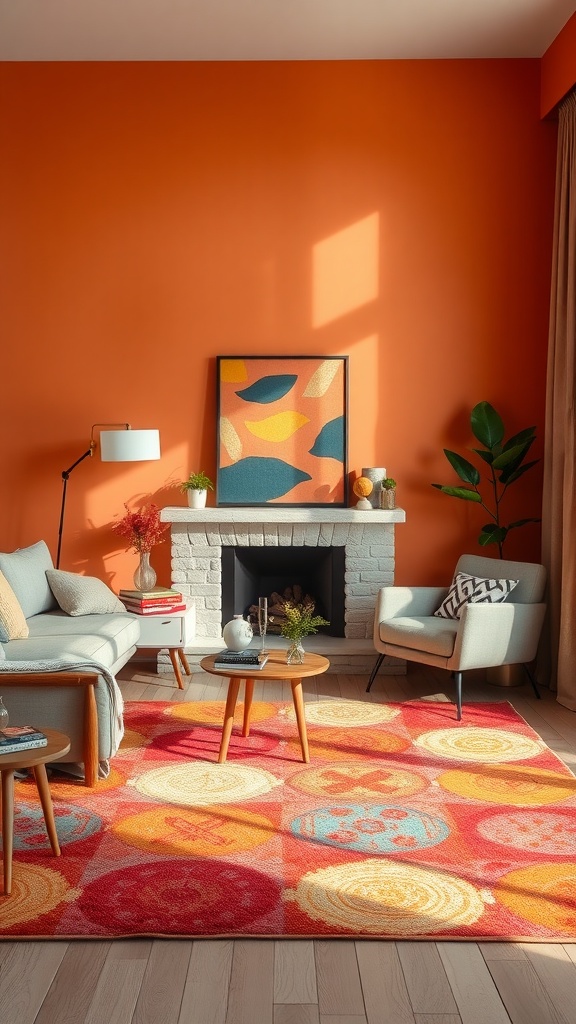 A cozy living room featuring a colorful rug with circles, warm orange walls, and light-colored furniture.