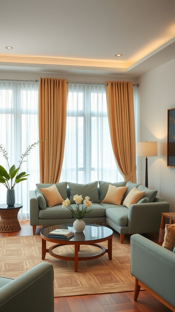 A cozy living room with golden curtains, light blue sofas, and a round coffee table