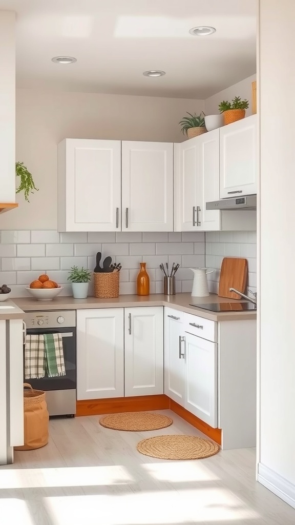 A cozy small kitchen featuring white cabinets, light countertops, and plants.