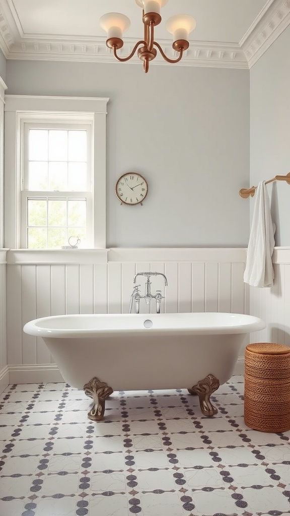Clawfoot tub bathroom with pale blue walls and white tub