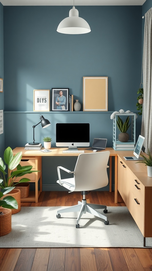 Modern home office with blue walls, wooden furniture, and plants
