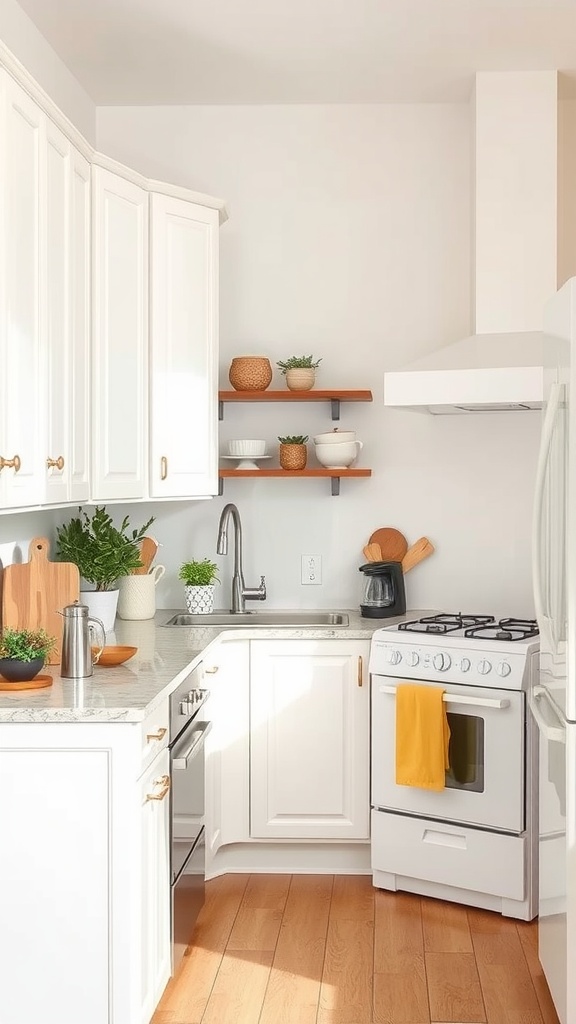 A small kitchen featuring white cabinets, wooden shelves, and a yellow dish towel.