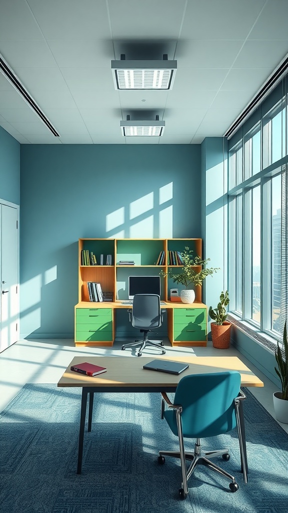 A bright and modern principal office featuring blue walls, a wooden desk, a green storage unit, and plenty of natural light.