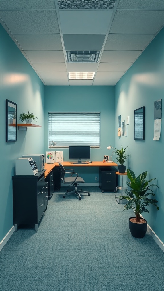 A small home office with bright blue walls, a wooden desk, and a potted plant.