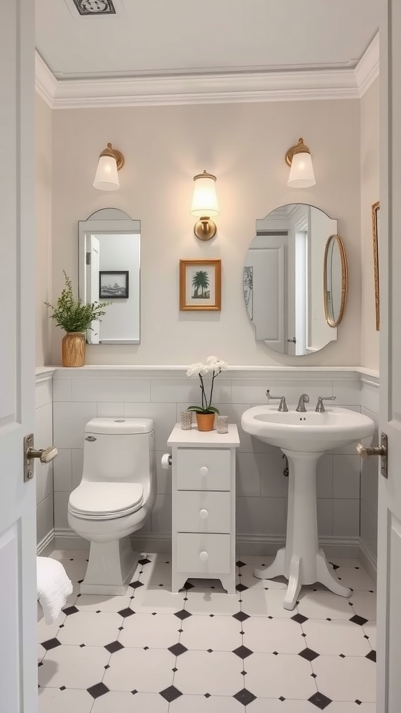 A stylish Jack and Jill bathroom featuring neutral tones, black and white tiles, and gold fixtures.