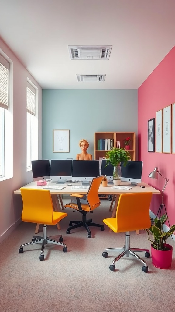 A stylish small home office with a mix of blue and pink walls, orange chairs, and modern decor.