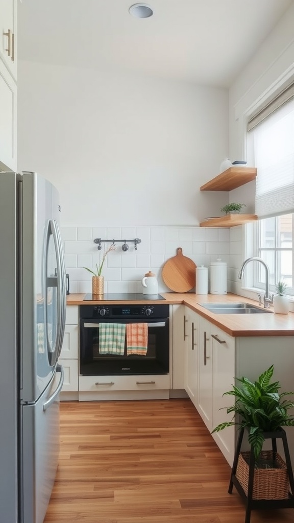 A small kitchen featuring light-colored cabinets, wooden countertops, and decorative plants, creating a bright and inviting space.