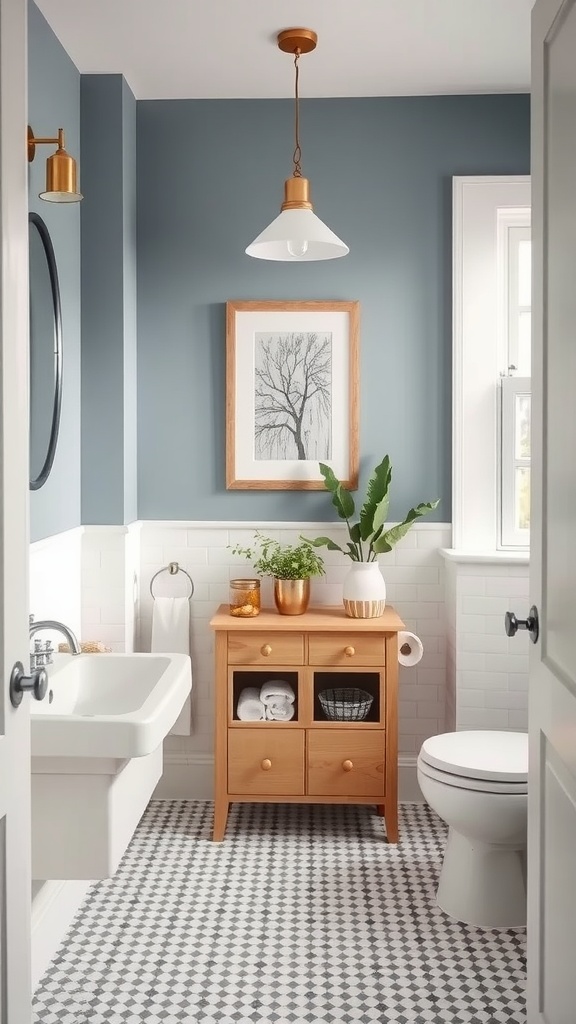 A beautifully designed Jack and Jill bathroom featuring cool blue walls, wooden accents, and a touch of greenery.