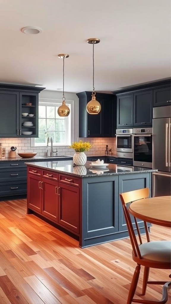 A modern kitchen featuring a dark blue kitchen with a burgundy island and golden pendant lights.